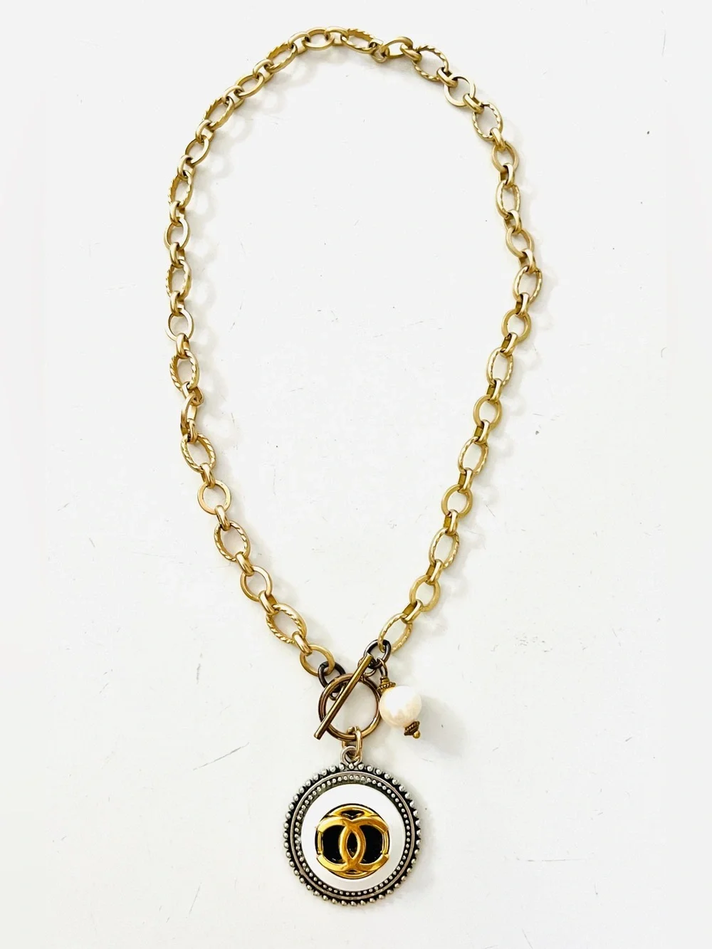 Repurposed Vintage Chanel Button Pearl Necklace 16